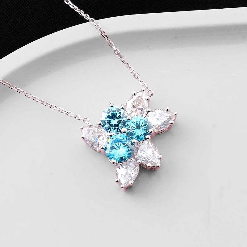 VVS Moissanite Diamond Blue and White Floral Necklace