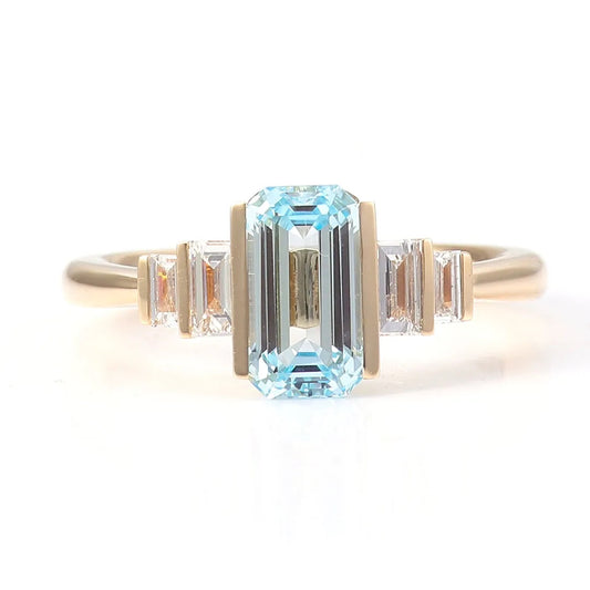 Emerald Cut Aquamarine And Diamond Ring