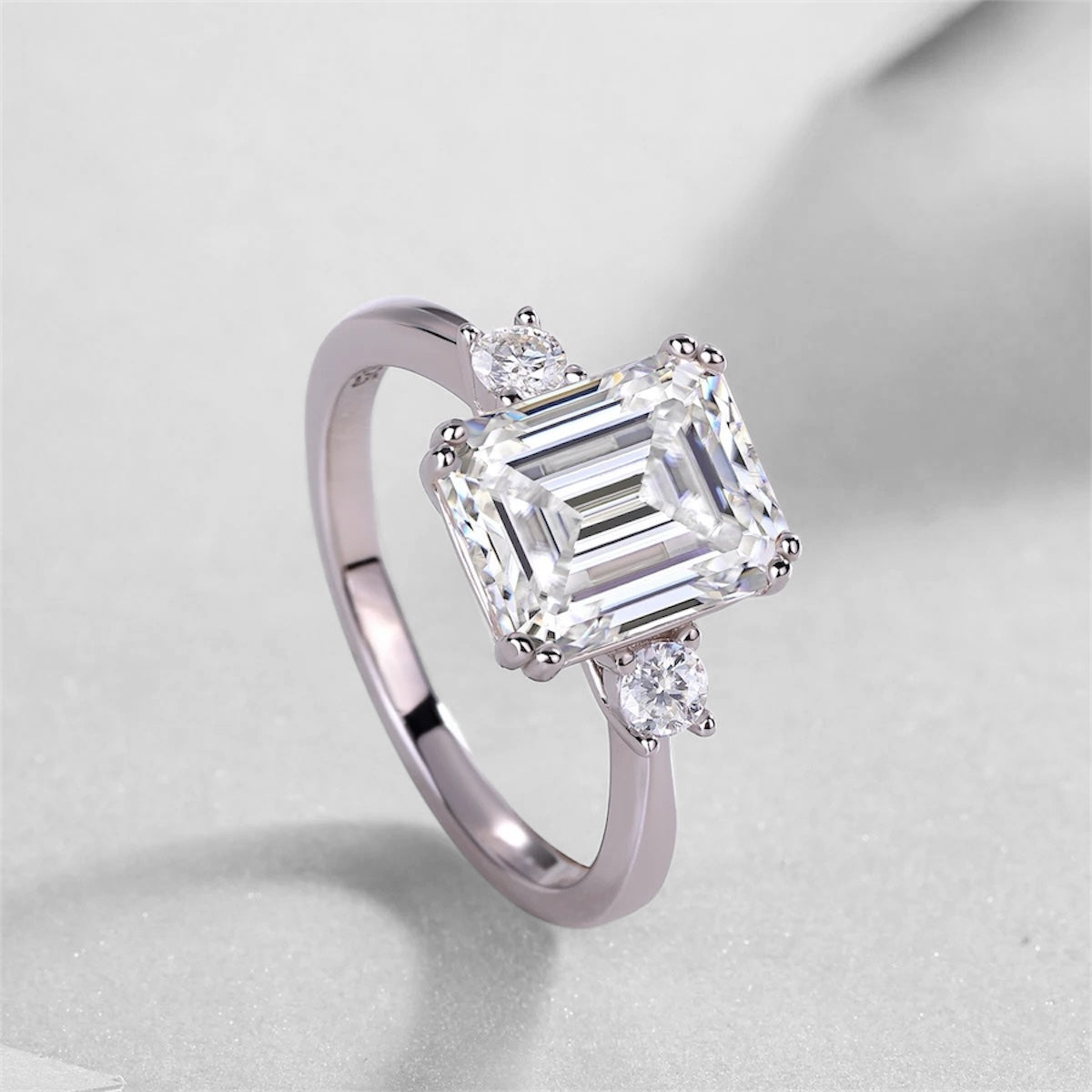 Emerald Cut VVS Moissanite Diamond Three Stone Ring