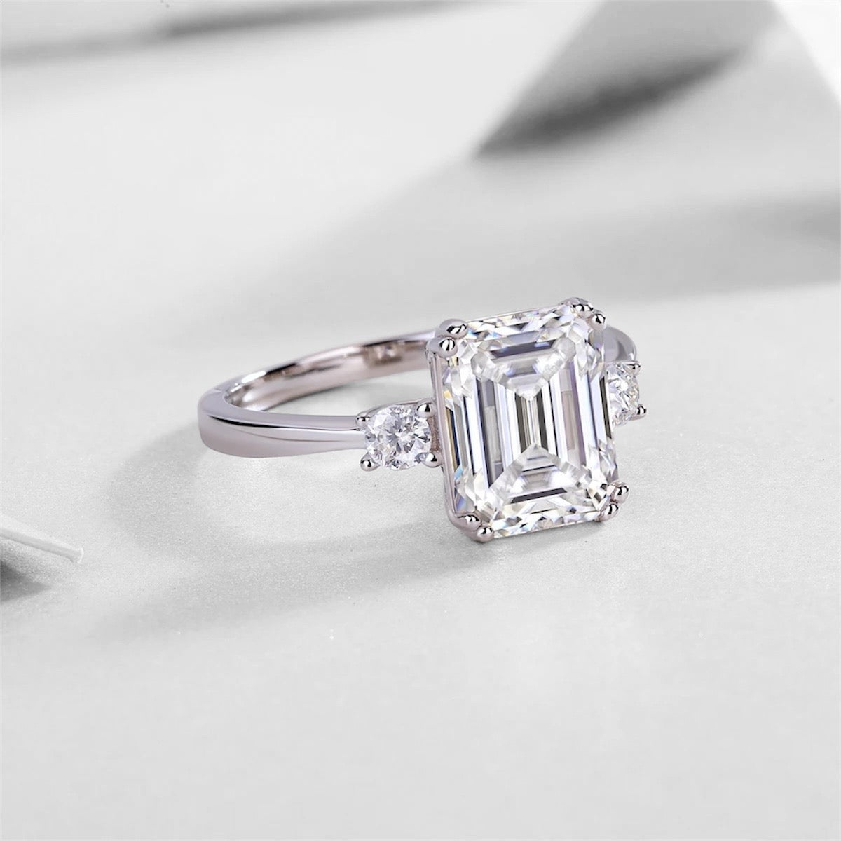 Emerald Cut VVS Moissanite Diamond Three Stone Ring