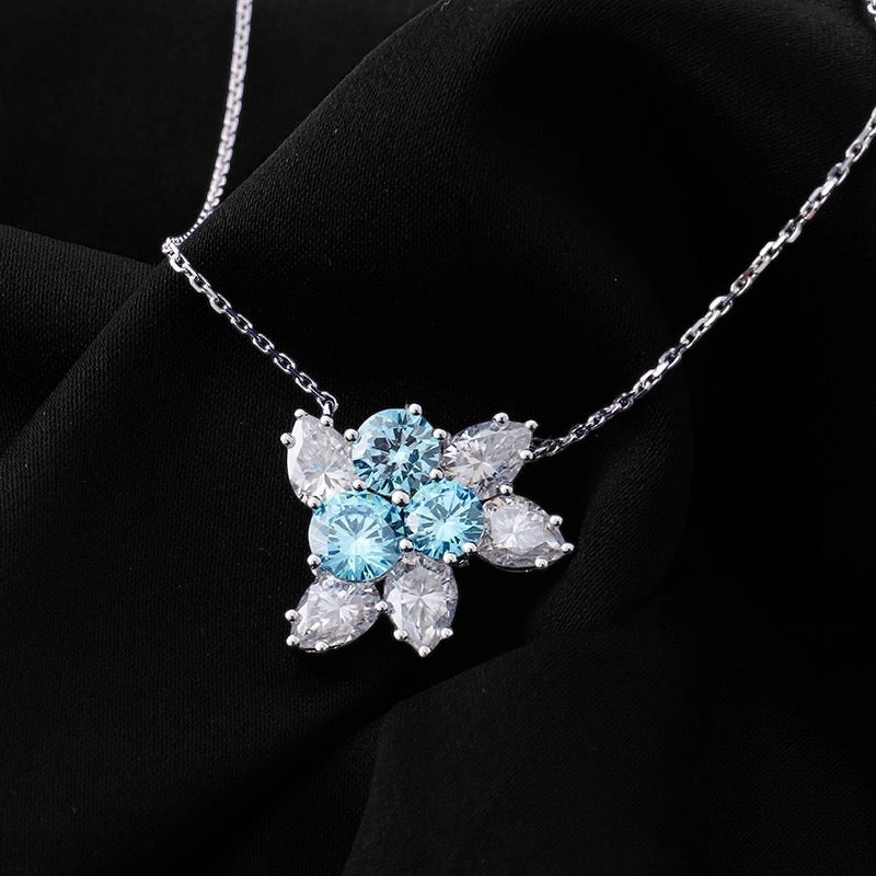 VVS Moissanite Diamond Blue and White Floral Necklace